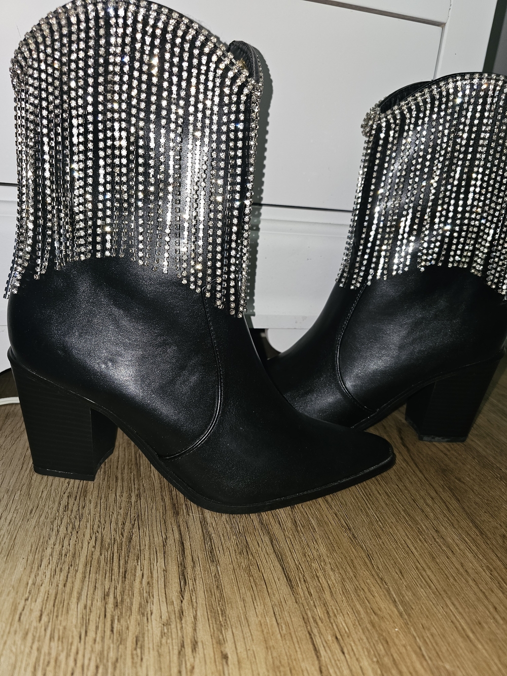 Miss Lola Black Rhinestone Fringe Ankle Boots